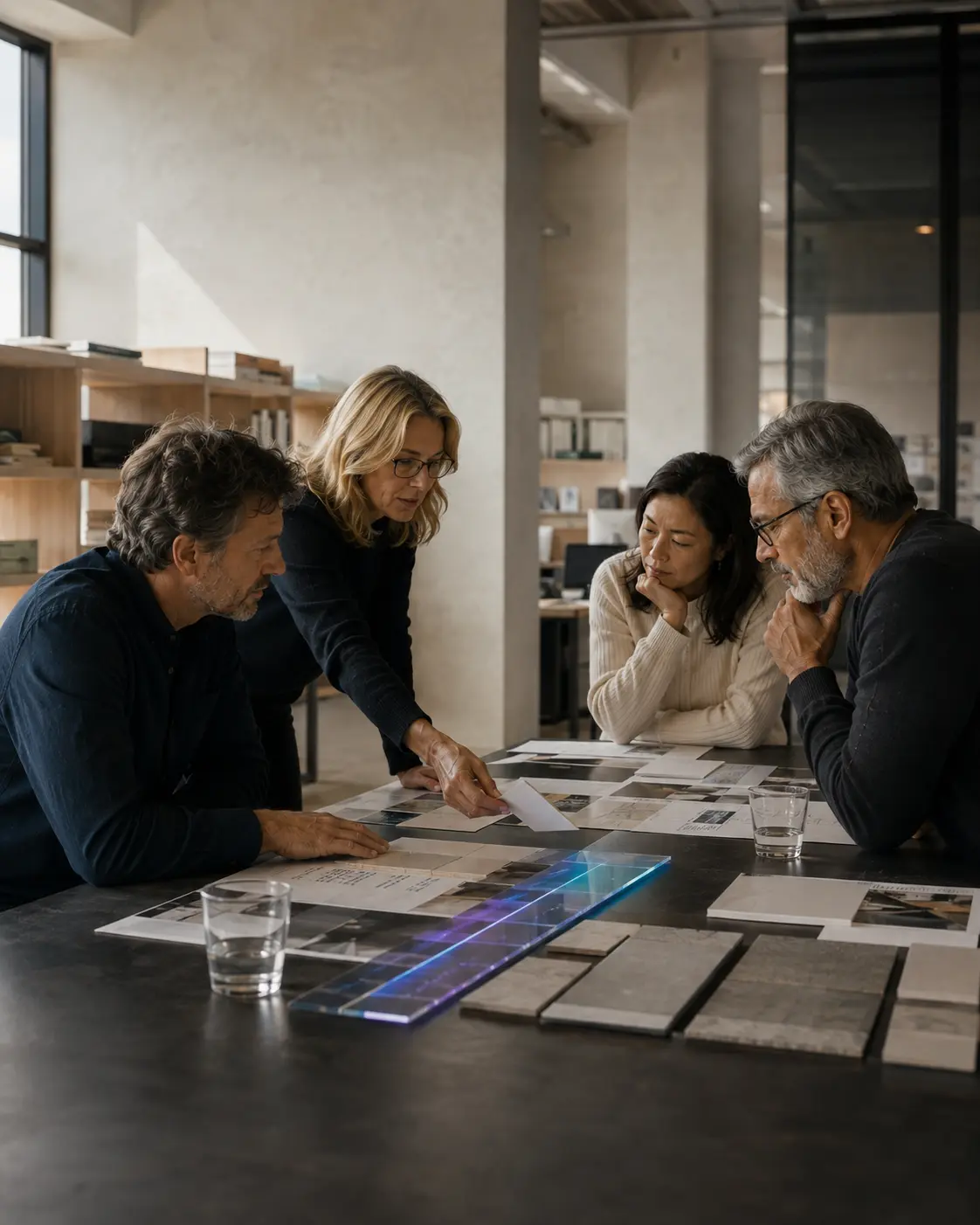 Experienced colleagues collaborating around a worktable